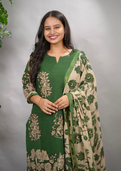 Green Kalamkari Kota Cotton 3 piece suit (stitched) | Looms & Tassels