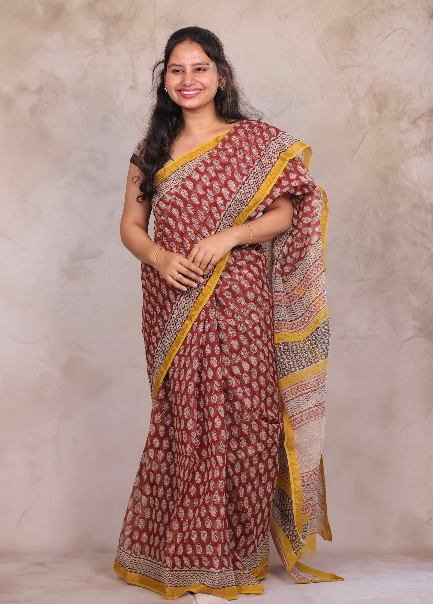 Maroon Pure Kota Doria Saree with Bagru Handblock Prints | Looms & Tassels