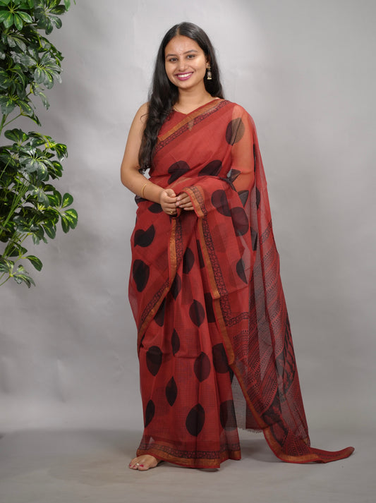 Rust Red Pure Kota Doria Saree with Bagru Handblock Prints