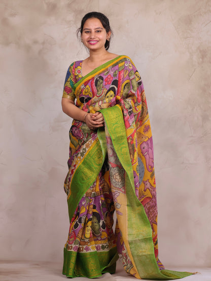 Hand Drawn Pen Kalamkari Lavender And Green Bangalore Silk Kanchi Border Saree | Looms & Tassels