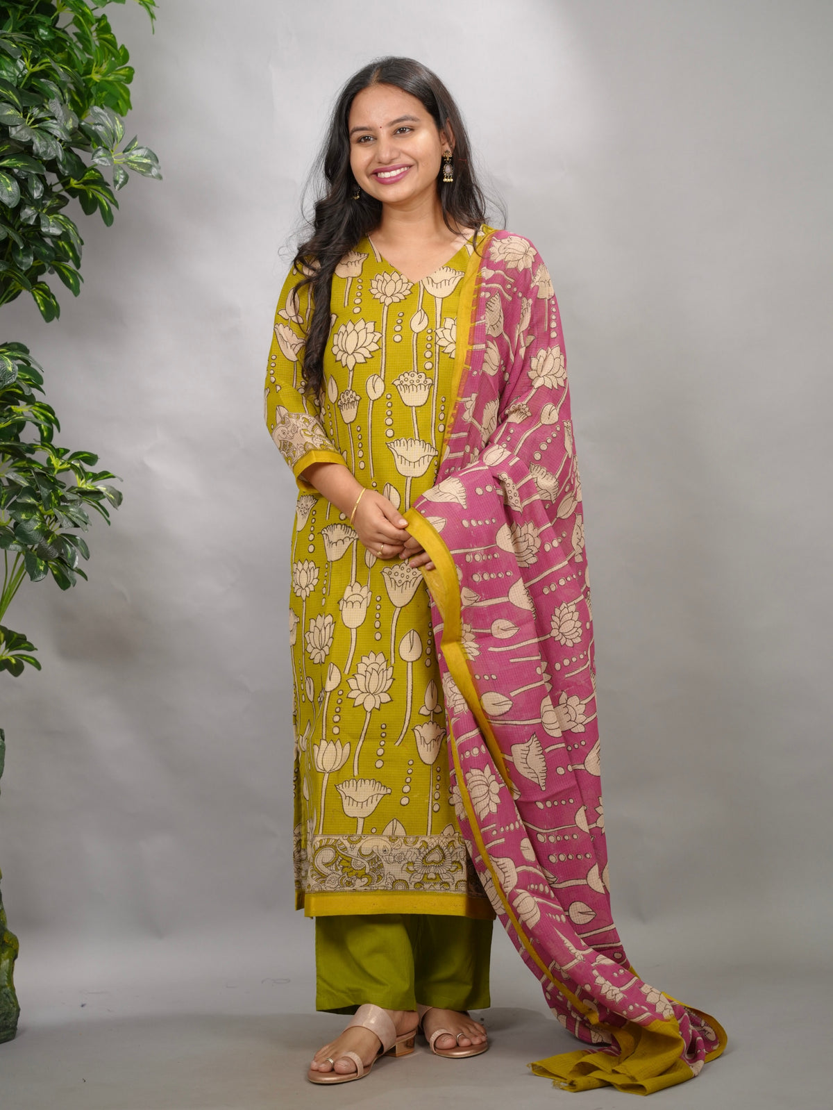 Lemon Green Kalamkari Kota Cotton 3 piece suit (stitched) | Looms & Tassels