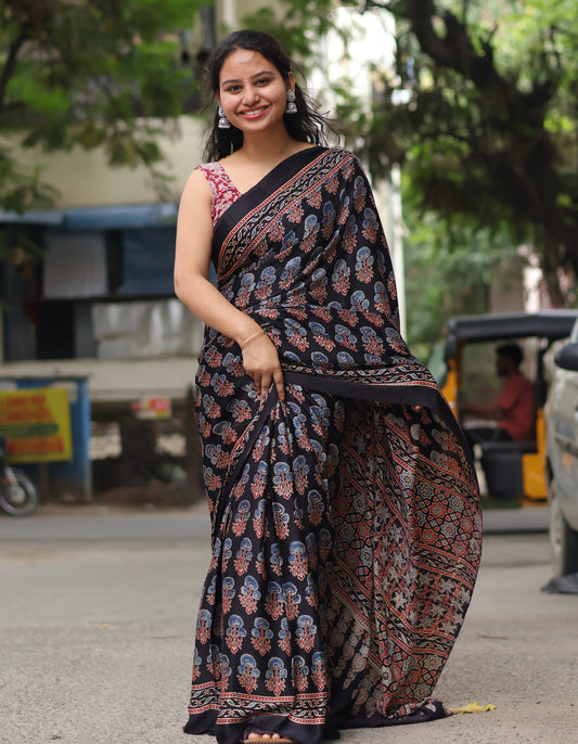 Black Ajrakh Modal Silk Saree