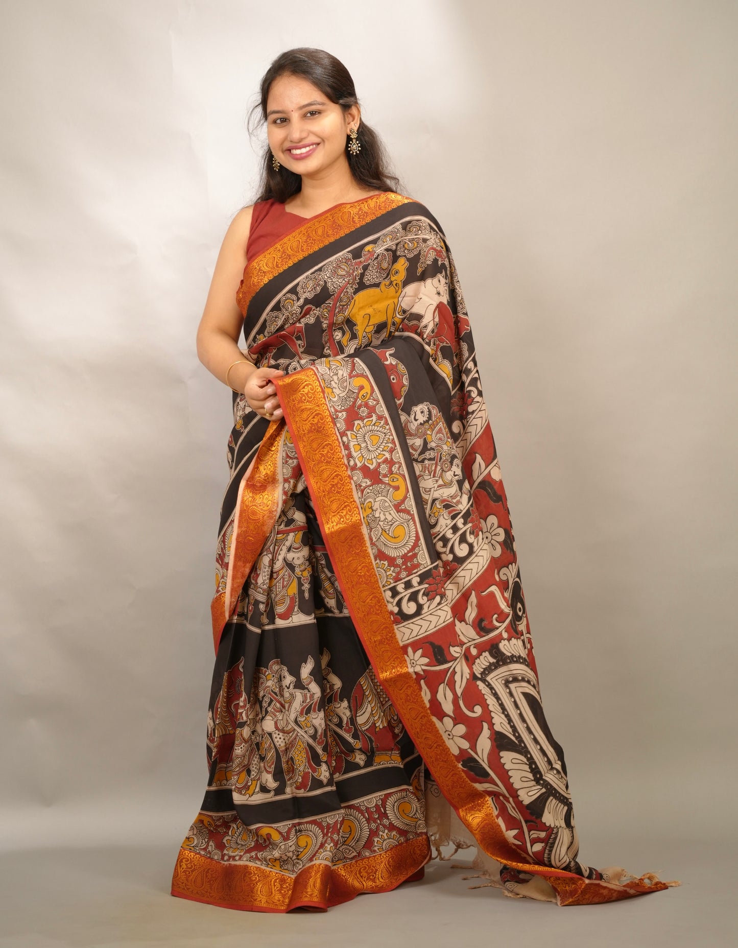 Black Kanchi border Kalamkari chennur silk saree | Looms & Tassels
