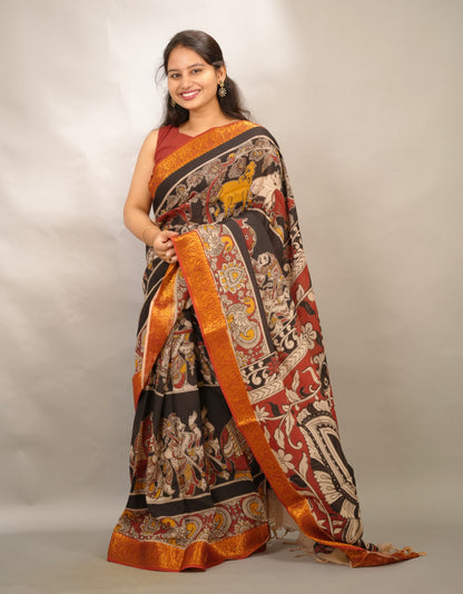Black Kanchi border Kalamkari chennur silk saree | Looms & Tassels