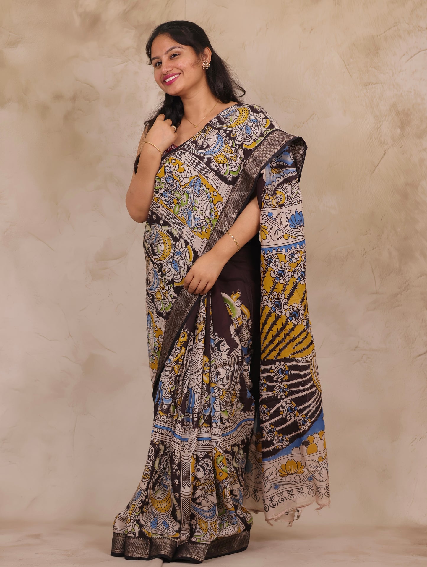 Chocolate Brown Story Telling Kalamkari Nizam Border Chennur Silk Saree | Looms & Tassels