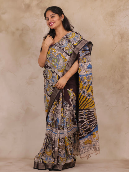 Chocolate Brown Story Telling Kalamkari Nizam Border Chennur Silk Saree | Looms & Tassels