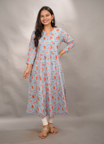 Ice Blue Pure Mul Cotton Kali Kurta  | Looms & Tassels