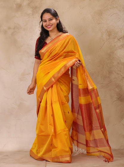 Yellow Dual Tone Handloom Maheswari Silk Cotton Sarees | Looms & Tassels