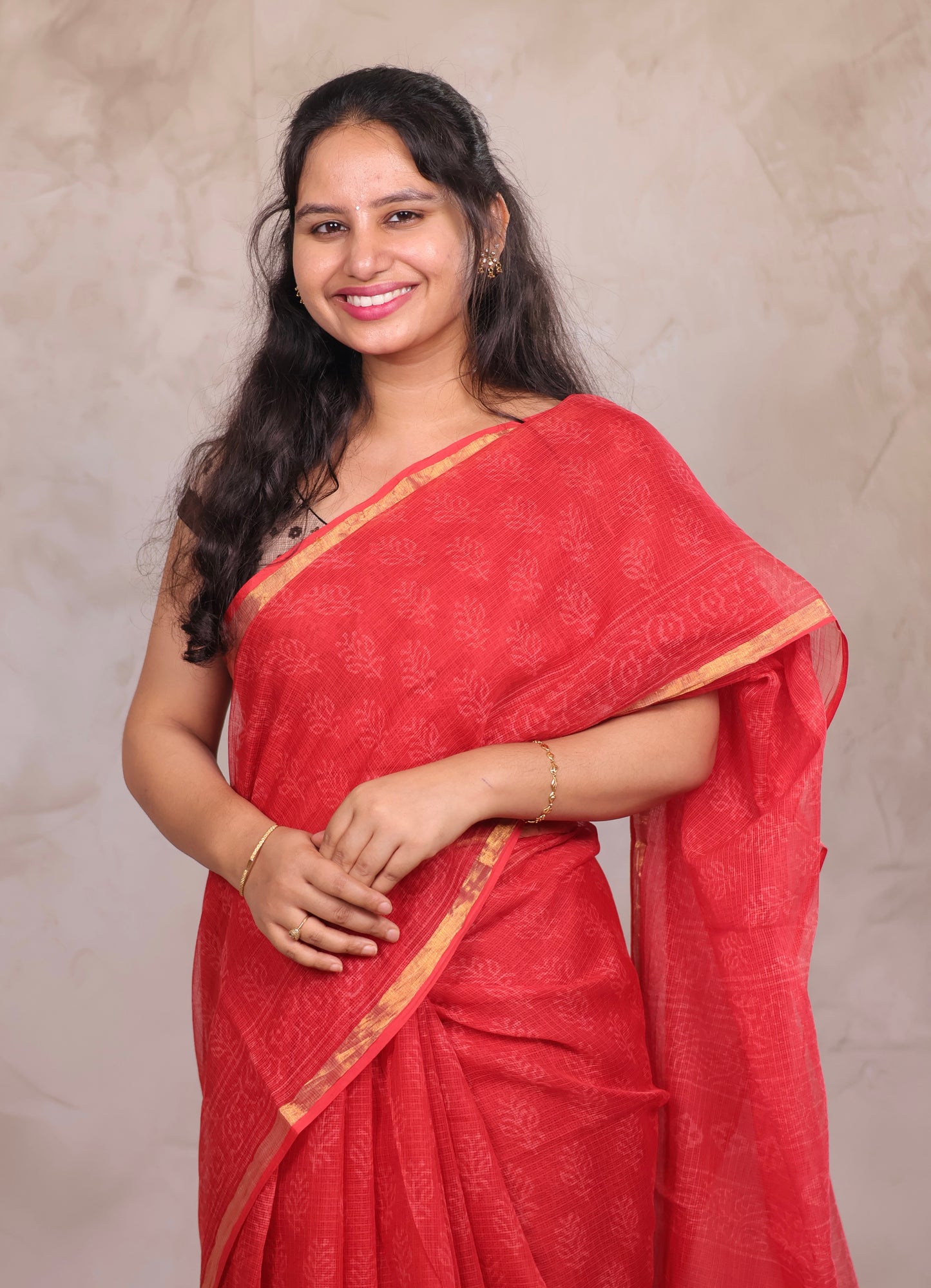 Red Pure Kota Doria Saree with Bagru Handblock Prints | Looms & Tassels