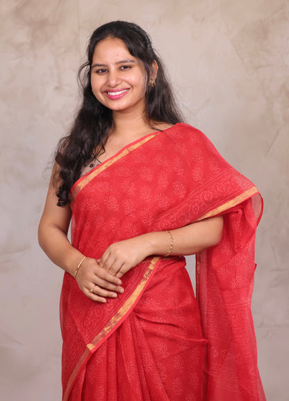 Red Pure Kota Doria Saree with Bagru Handblock Prints | Looms & Tassels