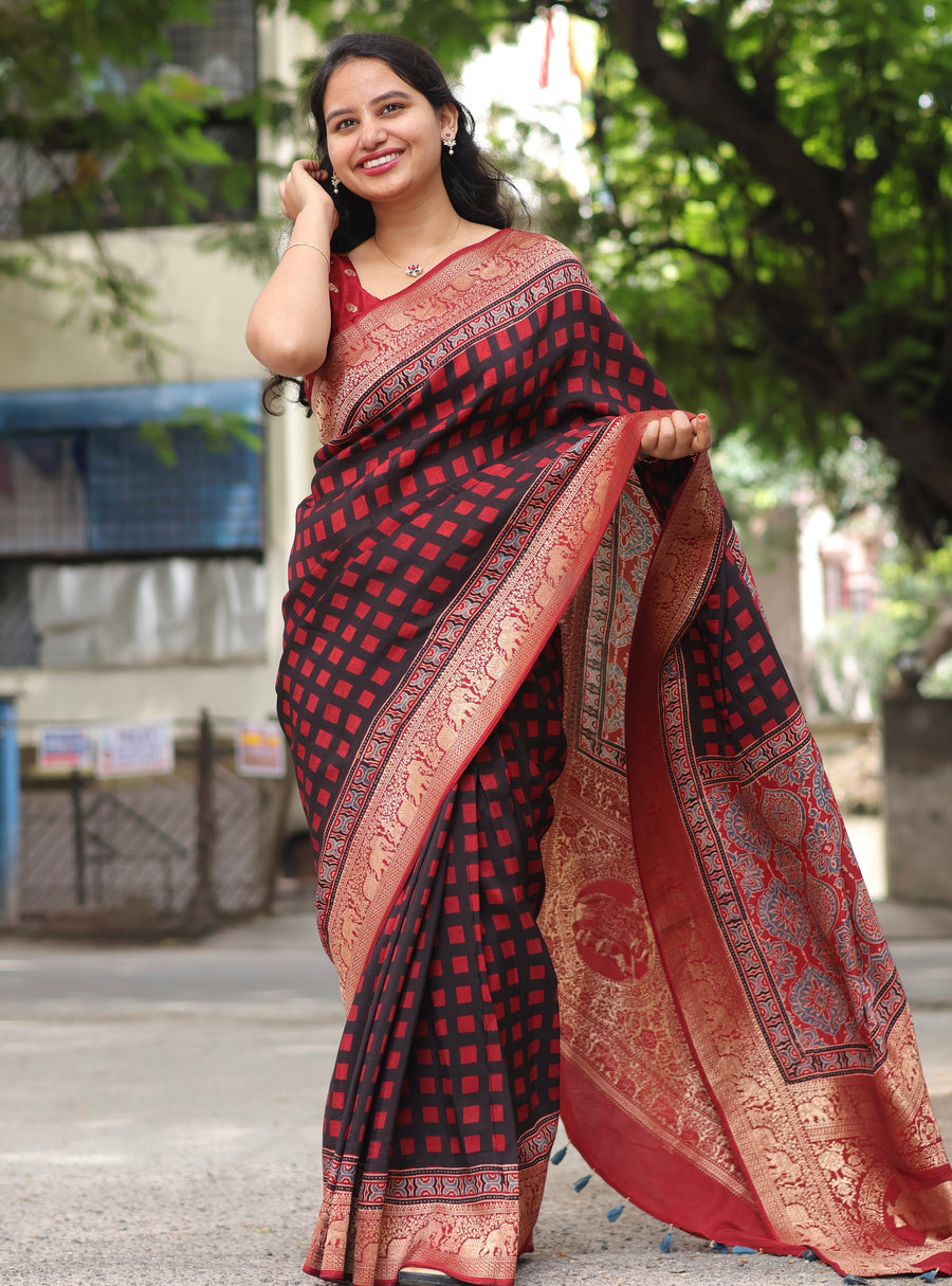 Black & Red Geometric Checks Authentic Ajrakh Handblock Printed Dola Silk Saree | Looms & Tassels