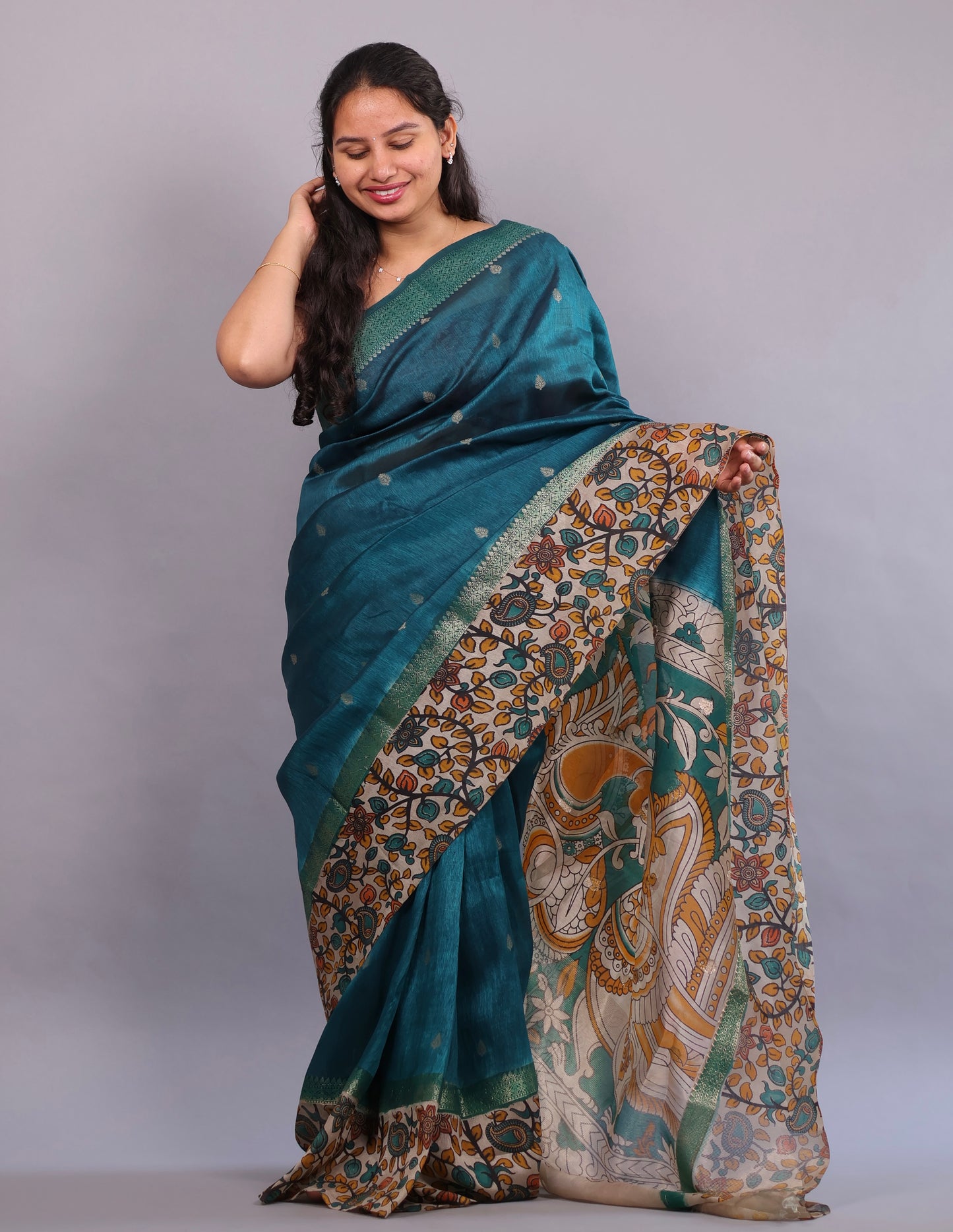 Peacock Green Chanderi Silk Kalamkari dyeing saree | Looms & Tassels