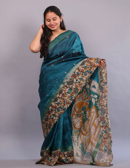 Peacock Green Chanderi Silk Kalamkari dyeing saree | Looms & Tassels