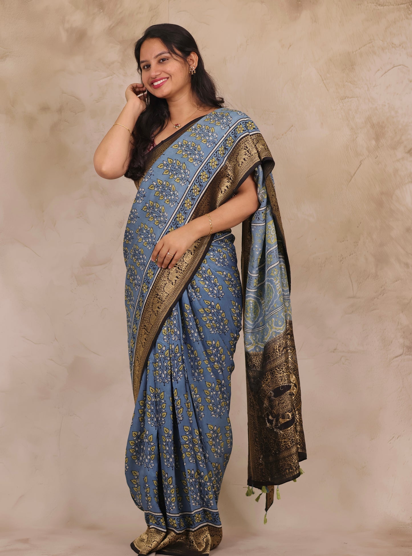 Sky Blue Ajrakh Handblock printed Dola Silk Saree | Looms & Tassels