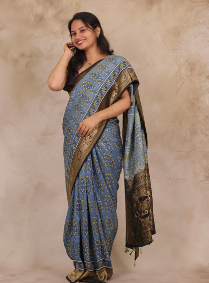 Sky Blue Ajrakh Handblock printed Dola Silk Saree | Looms & Tassels