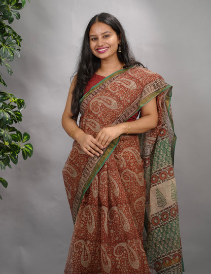 Maroon Pure Kota Doria Saree with Bagru Handblock Prints
