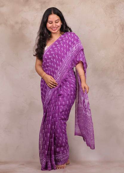 Purple Chiffon Hand Block Printed Saree | Looms & Tassels