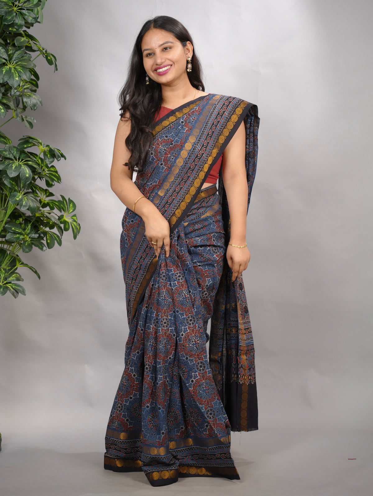 Indigo Ajrakh Hand Block Printed Sungudi Cotton Saree | Looms & Tassels