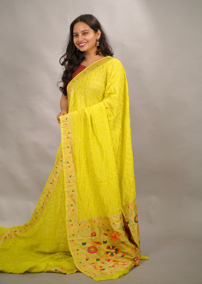 Lemon Green Handcrafted Bandhani Paithani Dola Silk Saree | Looms & Tassels