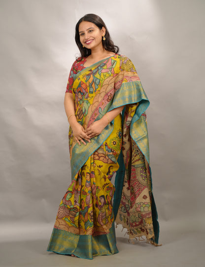 Yellow Hand Drawn Pen Kalamkari Bangalore Silk Kanchi Border Saree | Looms & Tassels