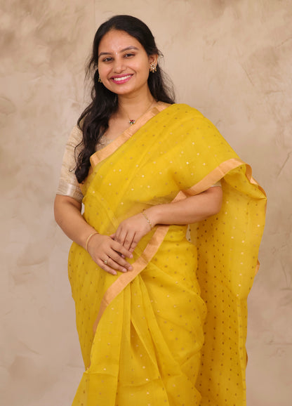 Mustard Handwoven Muslin Silk Saree With Sequence Work | Looms & Tassels