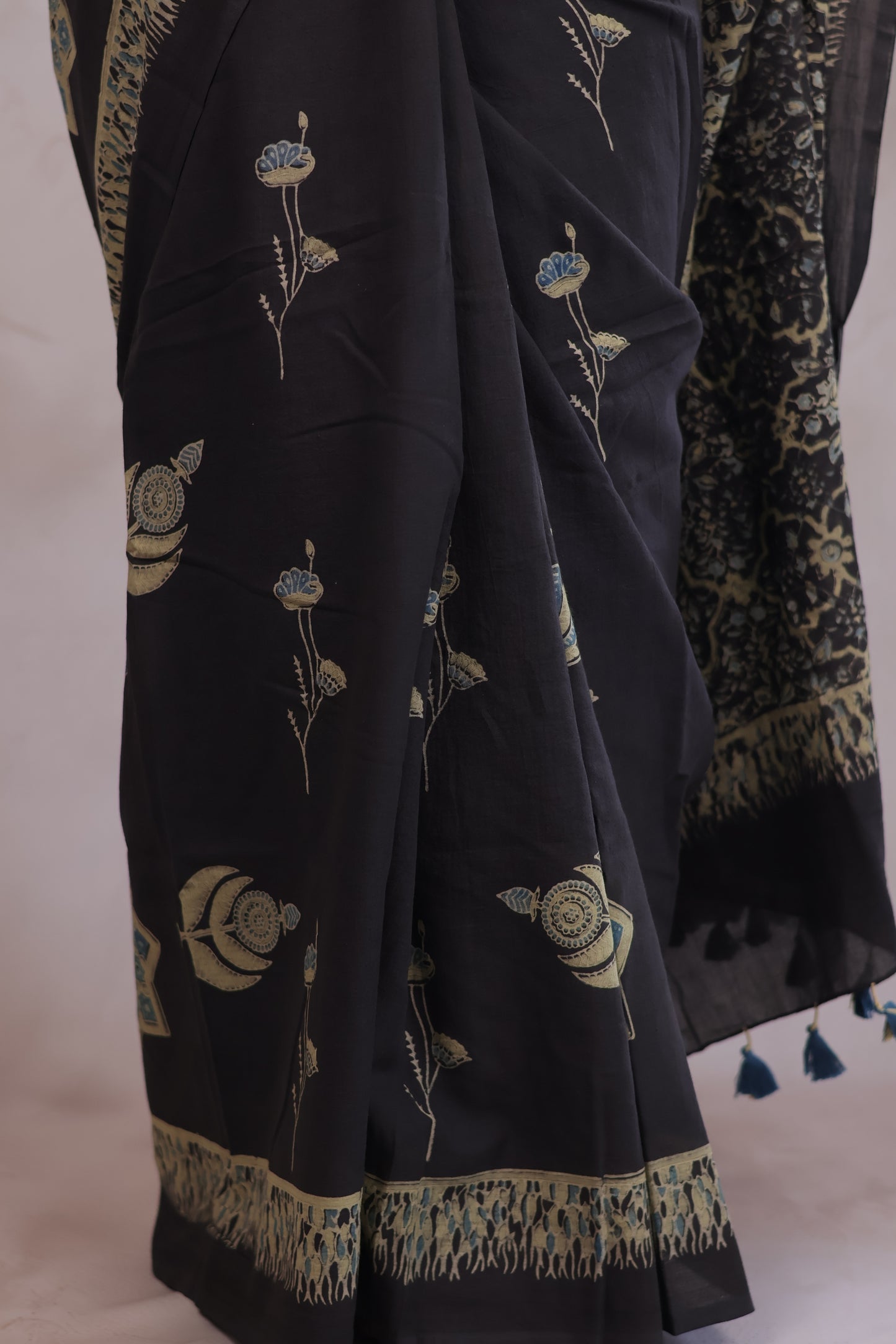 Elephant Grey Ajrakh Hand Block Printed Mul Cotton Saree | Looms & Tassels