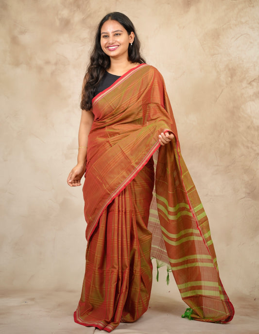 Orange Duel Tone Narayanpet Cotton Saree lines weaving | Looms & Tassels