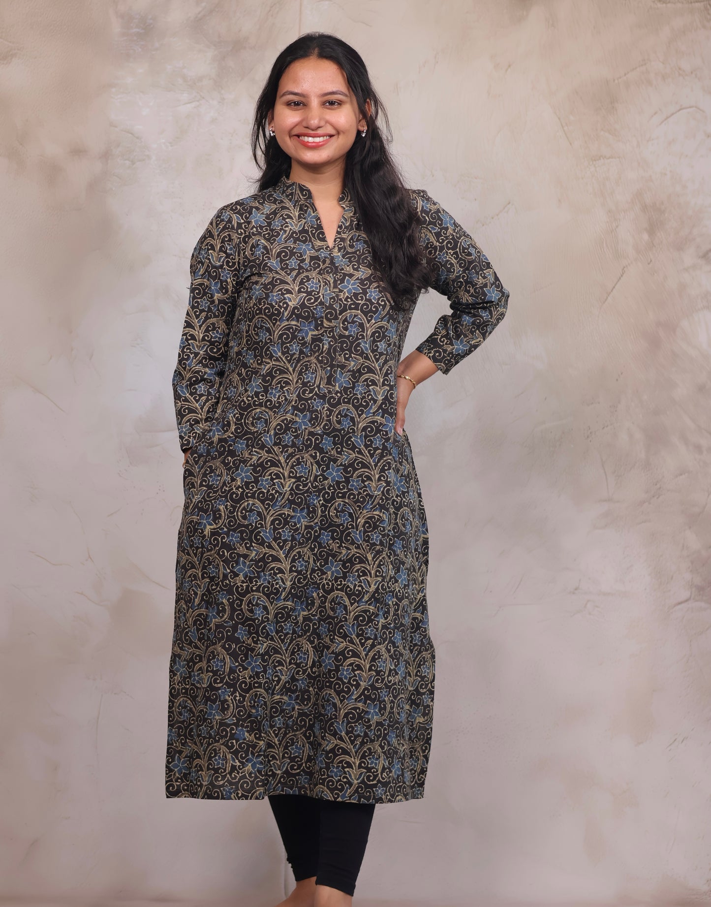 Grey Ajrakh Hand Block Printed Kurti | Looms & Tassels