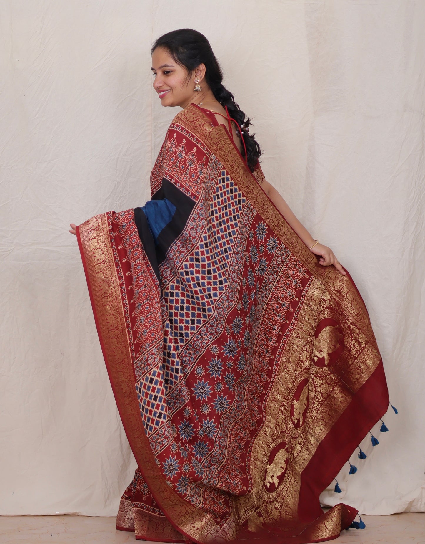 Cyan Blue Ajrakh Dola Silk Saree