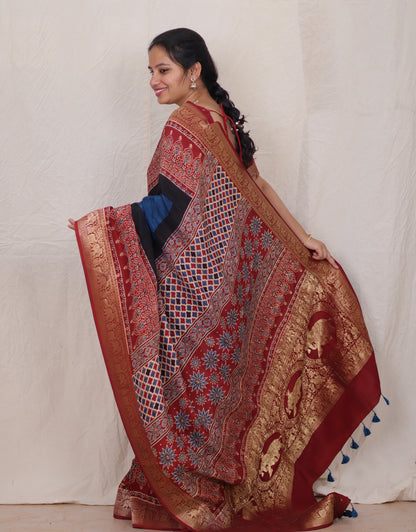 Cyan Blue Ajrakh Dola Silk Saree