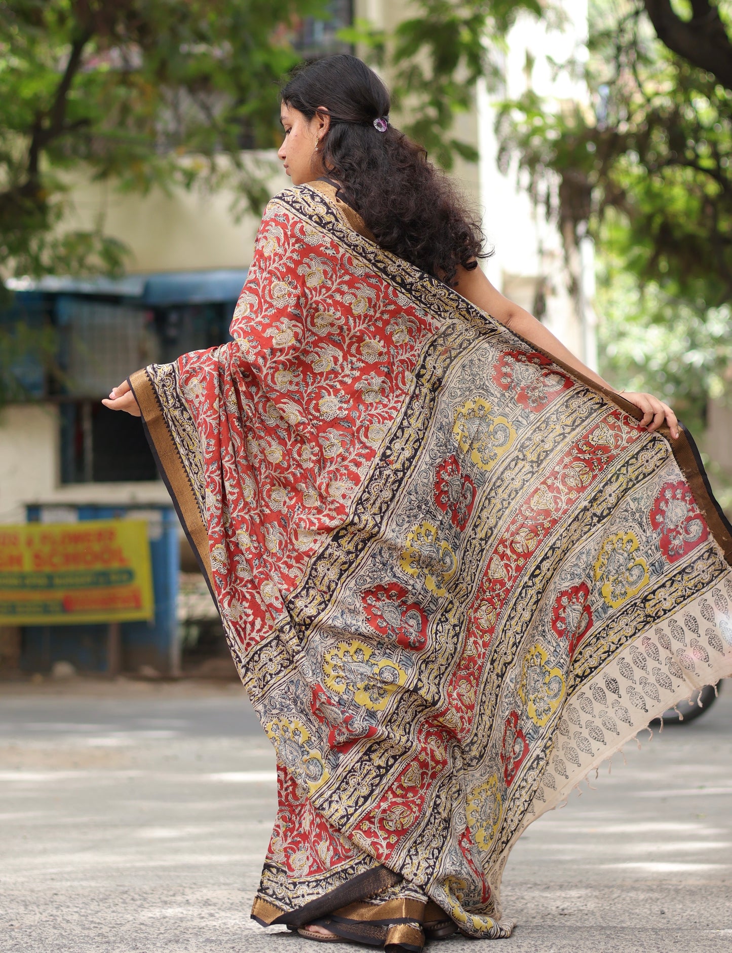 Red Hand Block Printed Kalamkari Nizam Border Silk Sare