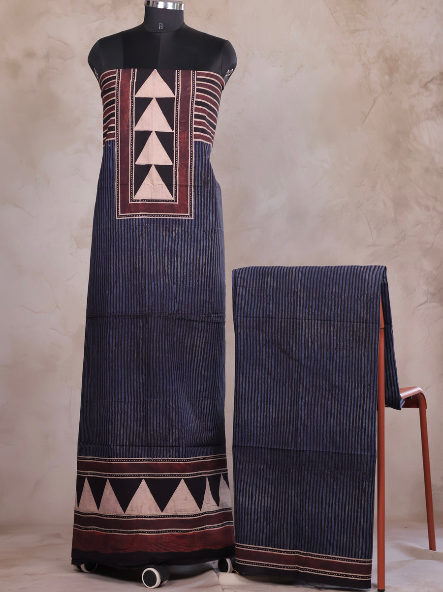 Indigo Ajrakh Handblock Printed Pure Cotton 2 Piece Suit Set | Looms & Tassels