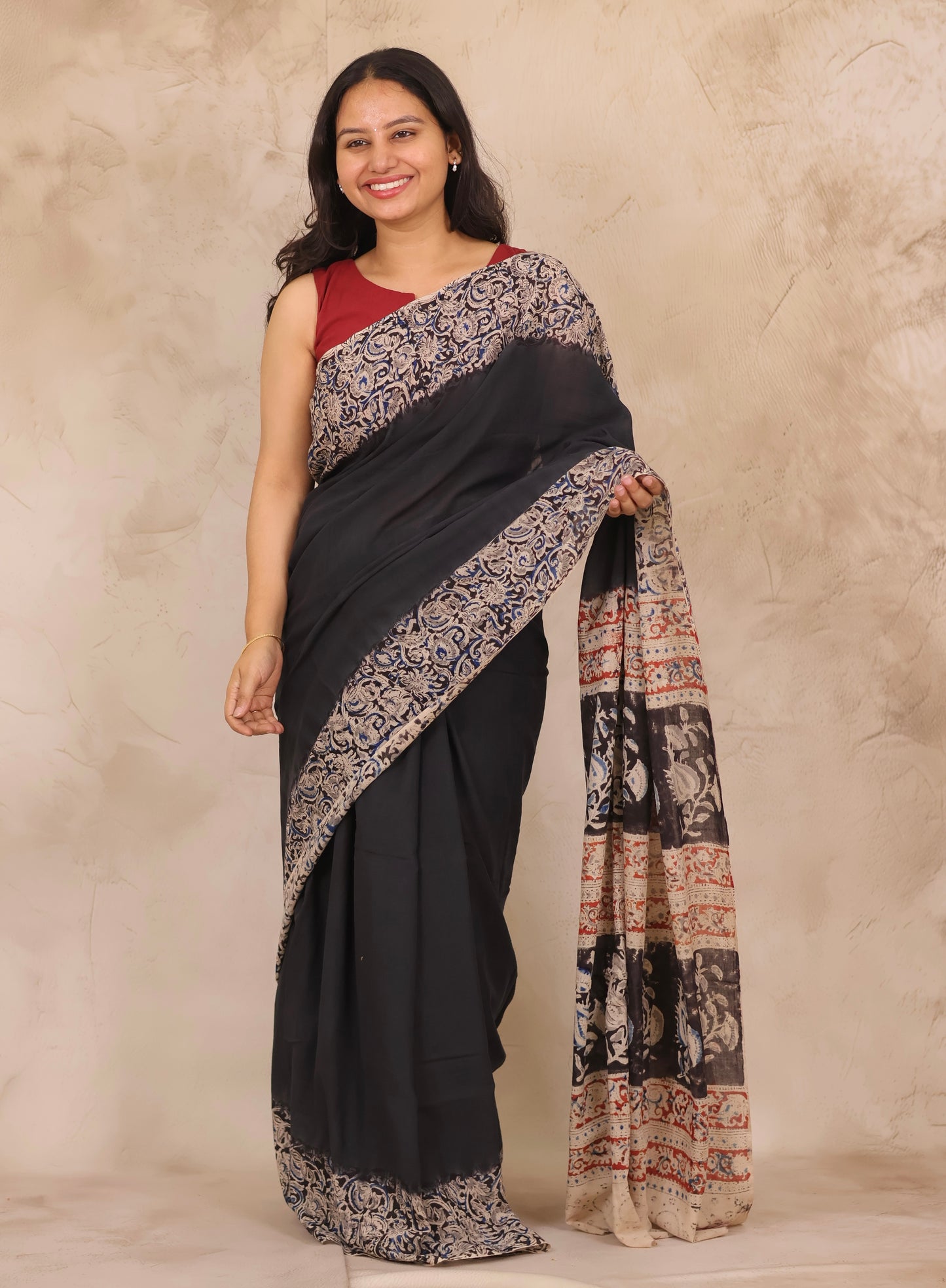 Black Hand Block Printed Kalamkari Cotton Saree | Looms & Tassels