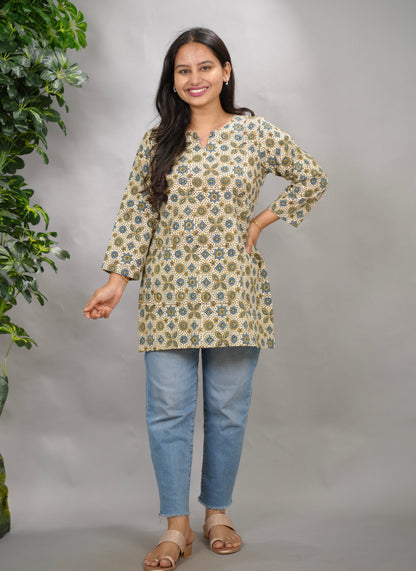 Cream Ajrakh Hand Block Printed Short Top