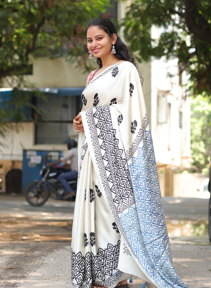 White & Black Traditional Kutchi Butta Ajrakh Handblock Printed Modal Silk Saree | Looms & Tassels