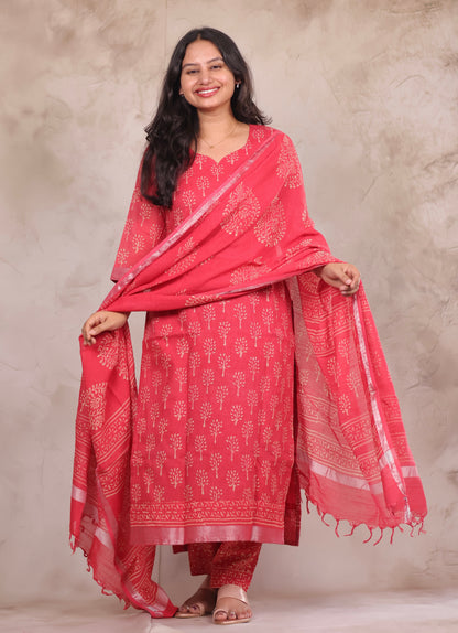 Pink Linen Cotton Handblock printed 3 piece suit (stitched)