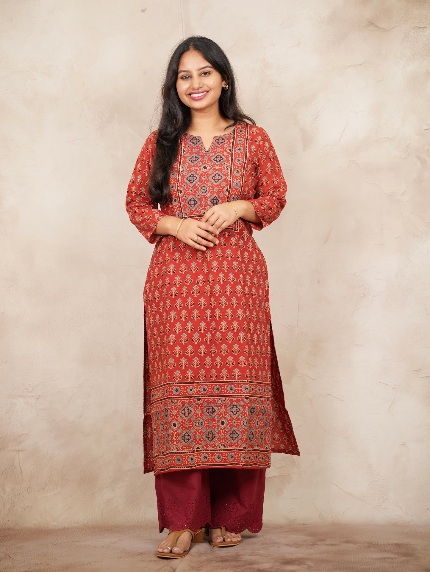 Red Ajrakh Pattern Hand Block printed Kurti | Looms & Tassels