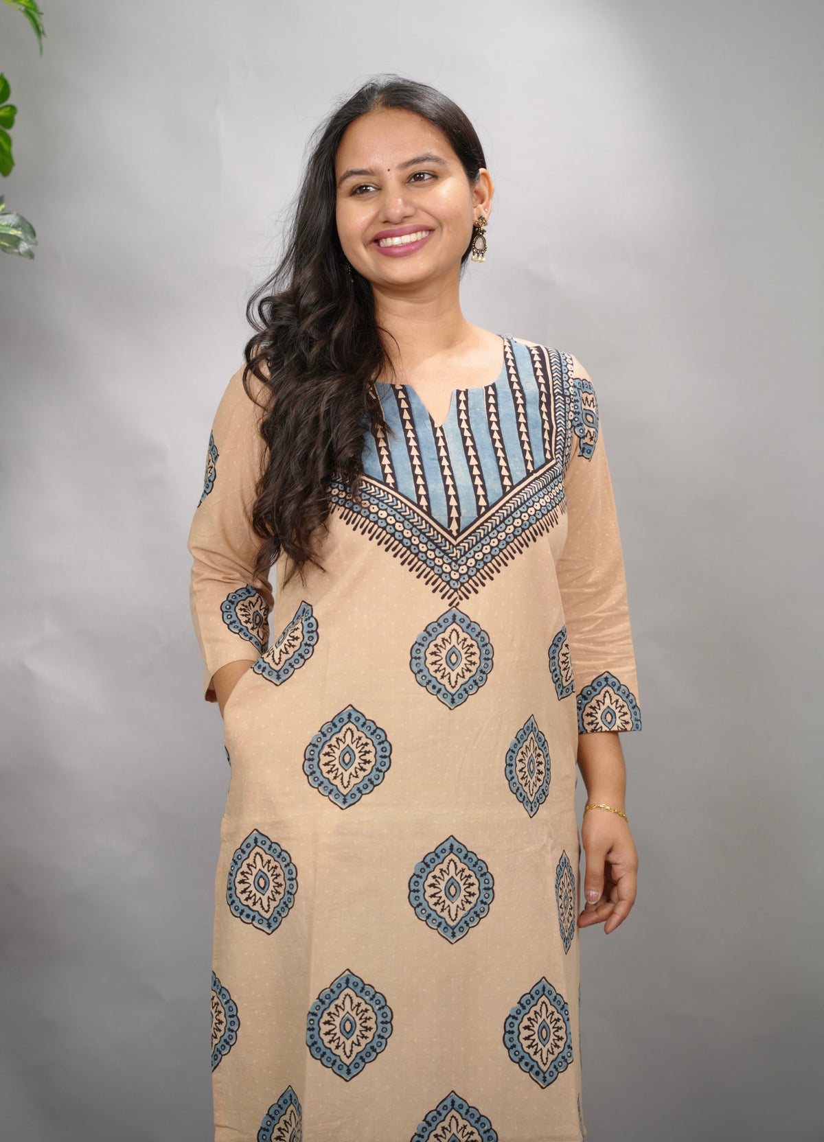 Cream Ajrakh Pattern Hand Block printed Kurti | Looms & Tassels