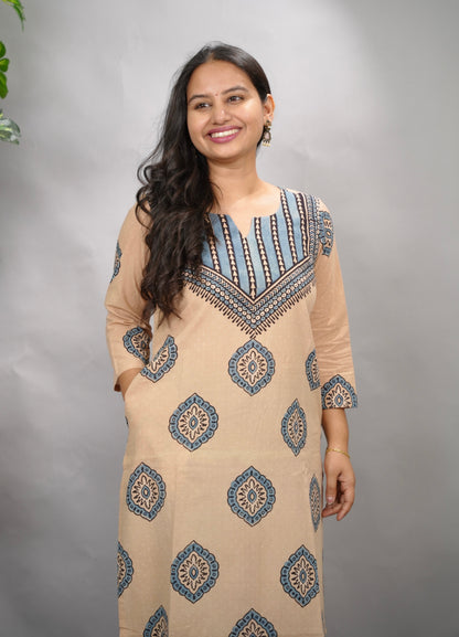 Cream Ajrakh Pattern Hand Block printed Kurti | Looms & Tassels