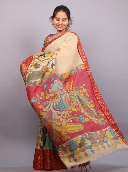 Cream Hand Painted Pen Kalamkari Silk Saree