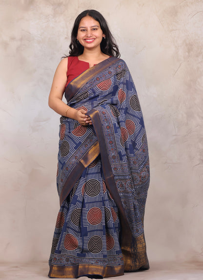 Indigo Ajrakh Hand Block Printed Mangalagiri Cotton Saree | Looms & Tassels