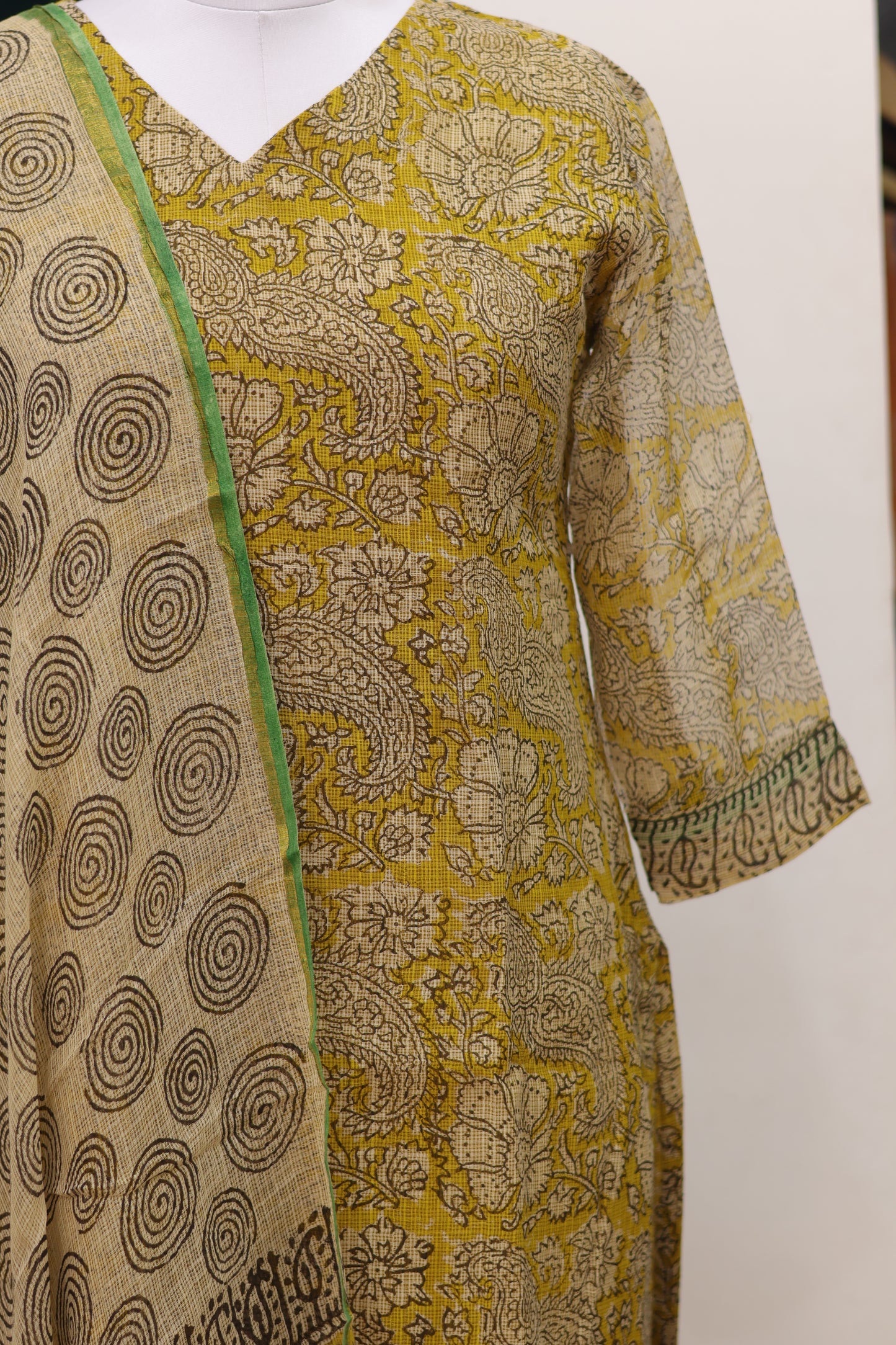 Yellow Handblock printed kota 3 piece suit (stitched)
