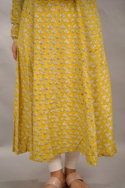 Mustard Pure Mul Cotton Kali Kurta with Chudi Sleeves | Looms & Tassels