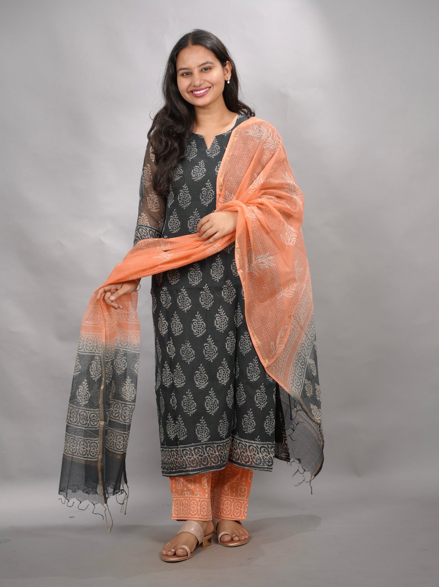 Grey & orange Handblock printed kota 3 piece suit (stitched)| Looms & Tassels