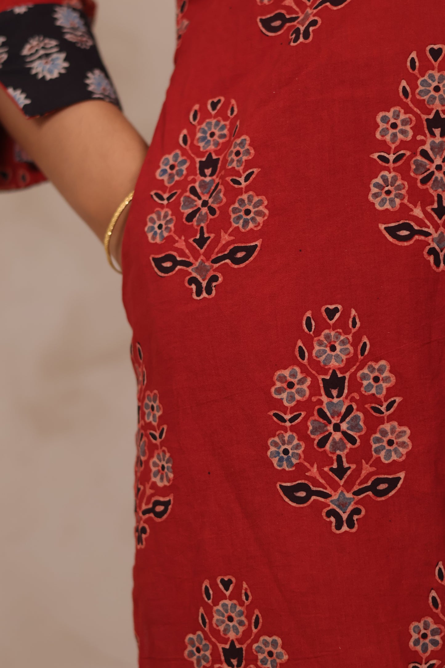 Red Pure Mul Cotton Ajrakh Patchwork Aline Kurta | Looms & Tassels