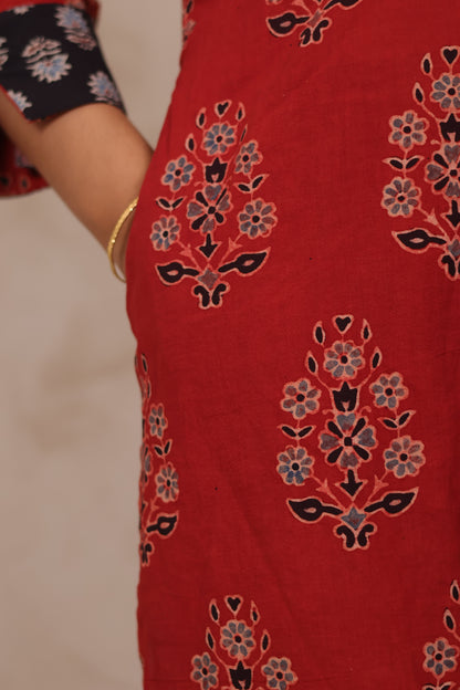 Red Pure Mul Cotton Ajrakh Patchwork Aline Kurta | Looms & Tassels