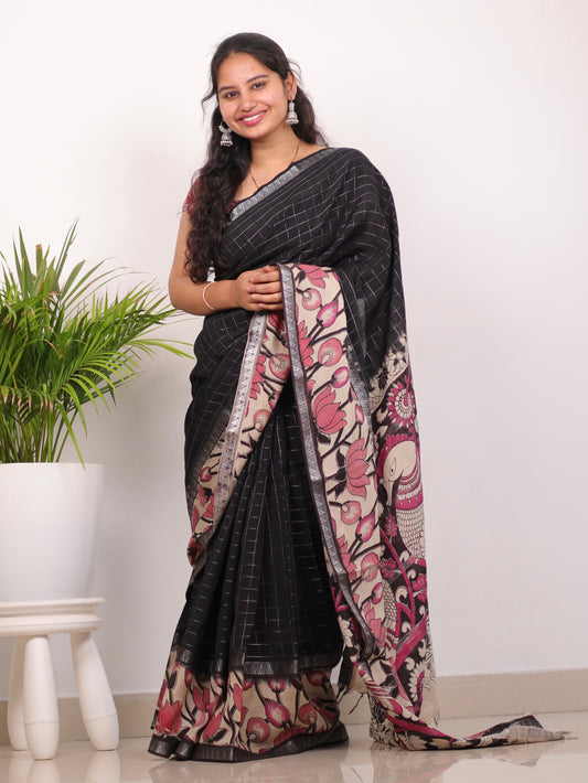 Black Checks Kalamkari dyeing premium chennur silk saree