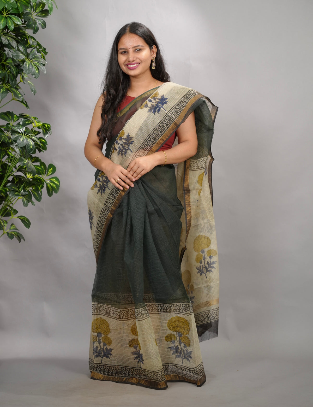 Green Pure Kota Doria Saree with Bagru Handblock Prints
