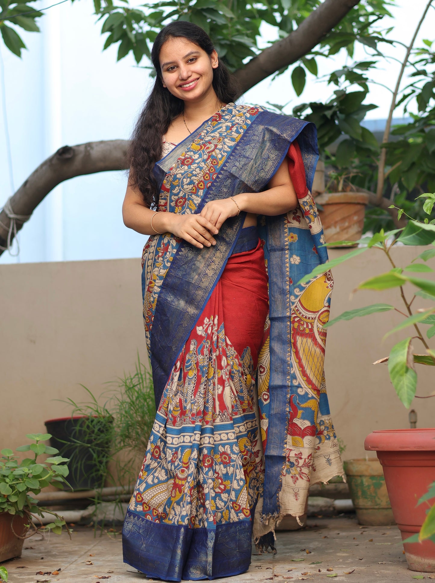 Red & Blue Madhubani Kalamkari Silk Handcrafted Kanchi Border Saree