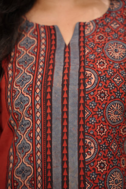 Red Ajrakh Pattern Hand Block printed Kurti | Looms & Tassels